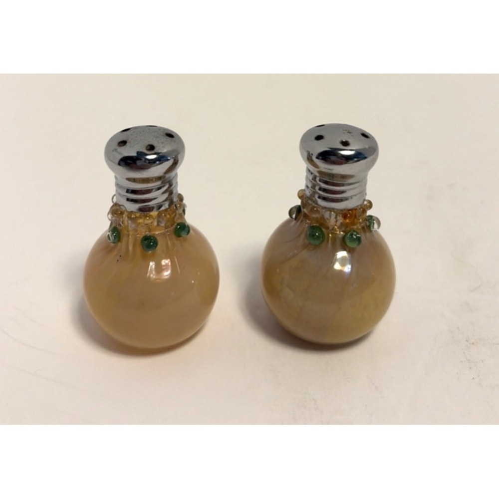 Hand Blown Glass Salt & Pepper Shakers Mini 2" Tall Beaded  Vintage